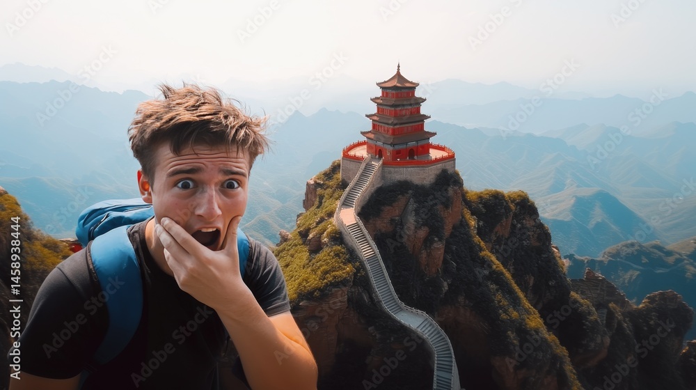 A man with a backpack is standing on a mountain and looking surprised