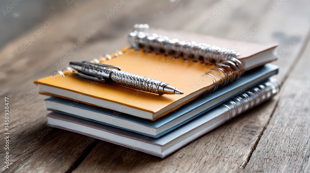 Spiral notebooks and pen resting on weathered wood background for ideas Spiral notebooks and pen resting on weathered wood background for ideas