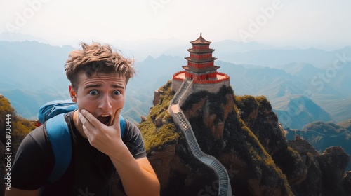 Obraz na płótnie A man with a backpack is standing on a mountain and looking surprised w salonie