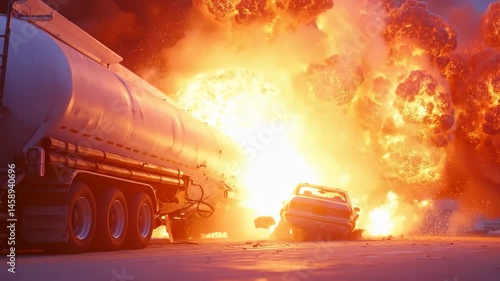 Fiery Tanker Truck Crash Explosion Dramatic Scene Intense Fireball Car Accident