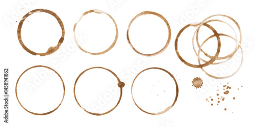 Coffee or tea stain drink cup rings vector illustration set isolated on white background. Coffee stain marks ring cup spot trace. Brown round splashes of drink collection.