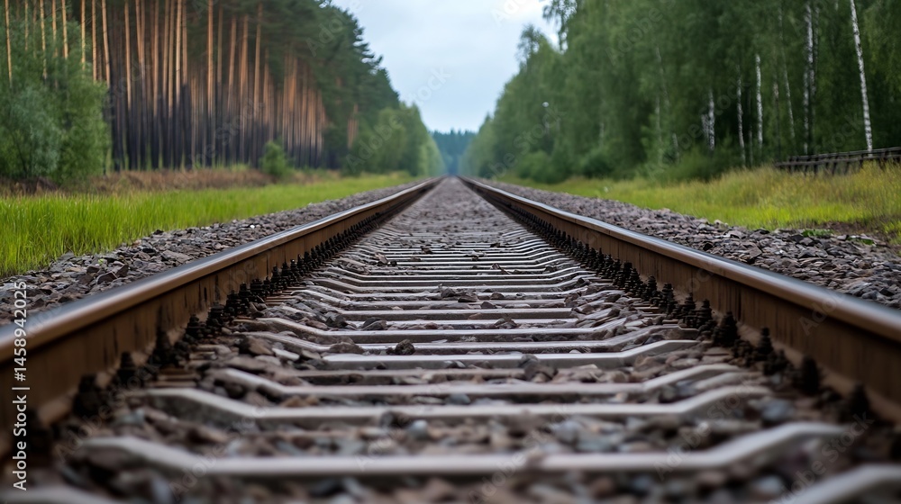 Railway tracks receding into a lush green forest, a perspective shot emphasizing the railway's texture and the tranquil natural environment. : Generative AI Railway tracks receding into a lush green forest, a perspective shot emphasizing the railway's texture and the tranquil natural environment. : Generative AI