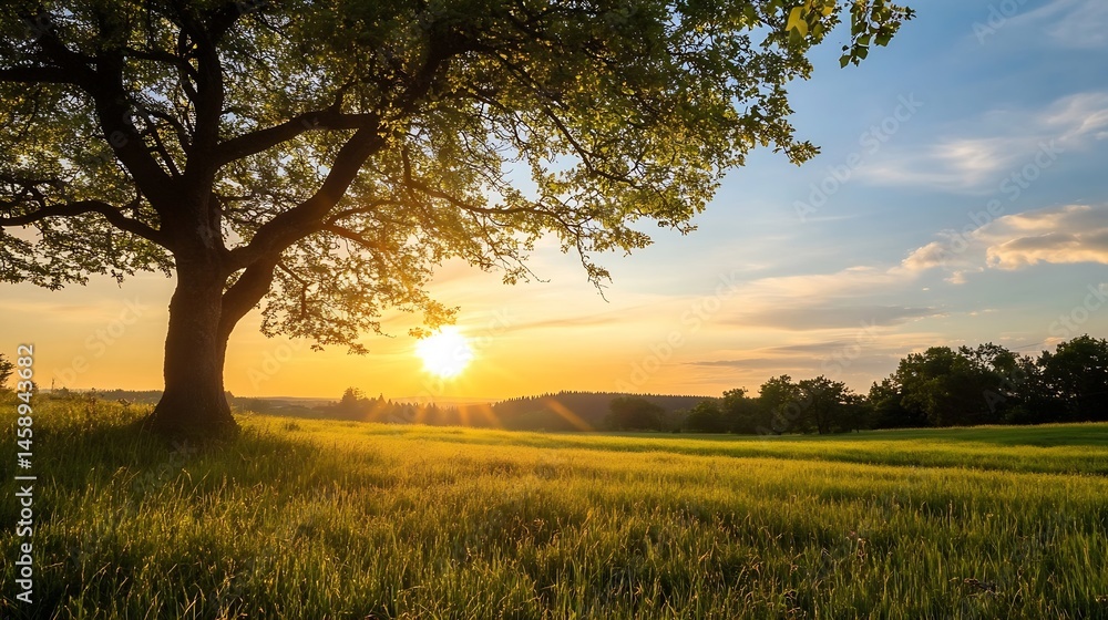 Fototapeta premium Majestic oak tree silhouetted against a vibrant sunset over a tranquil field of tall grass, bathed in warm golden light. : Generative AI