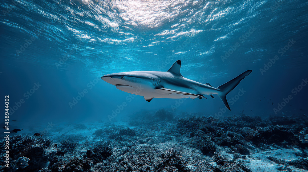 Fototapeta premium A grey reef shark gracefully swims above a vibrant coral reef in the deep blue ocean, sunlight filtering from above.
