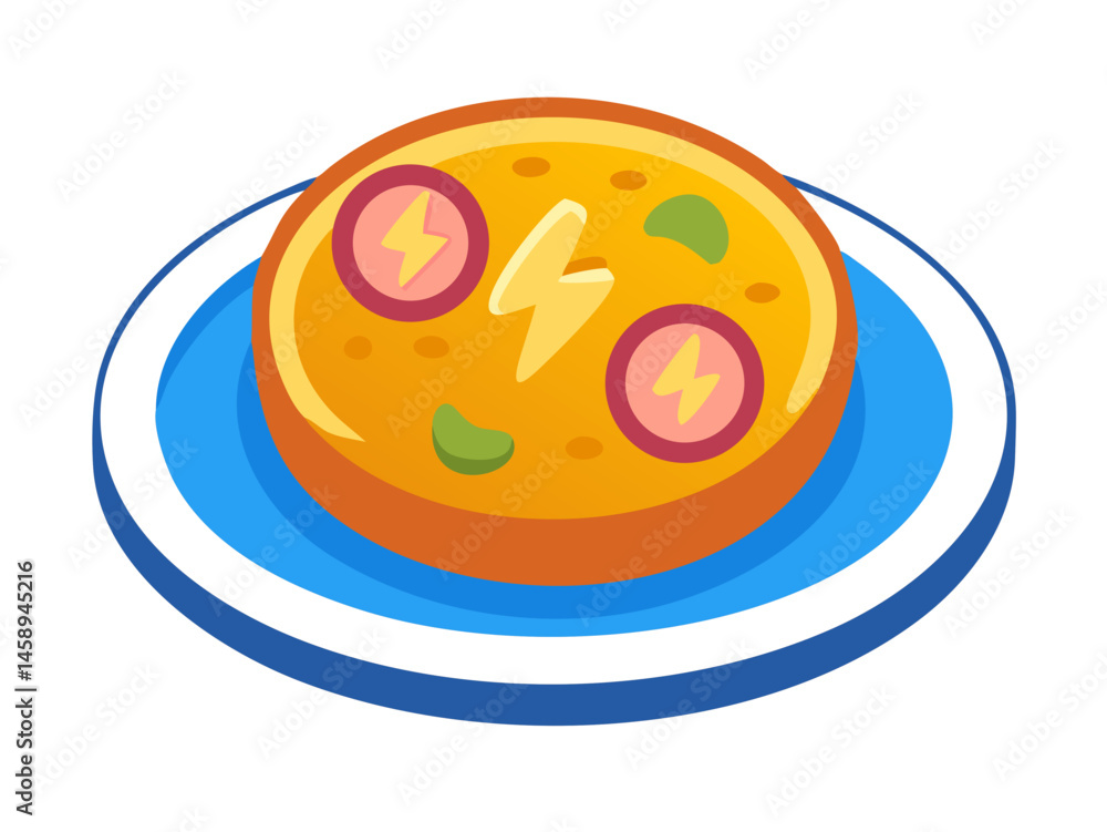 Fototapeta premium Electrically Powered Food: A Futuristic Concept for Sustainable Cuisine. A stylized illustration of a plate of food with an electrical symbol above, suggesting a concept for energy-efficient or sustai