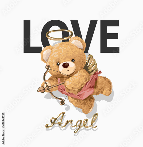 love slogan with cute bear doll love angel with gold arrow vector illustration