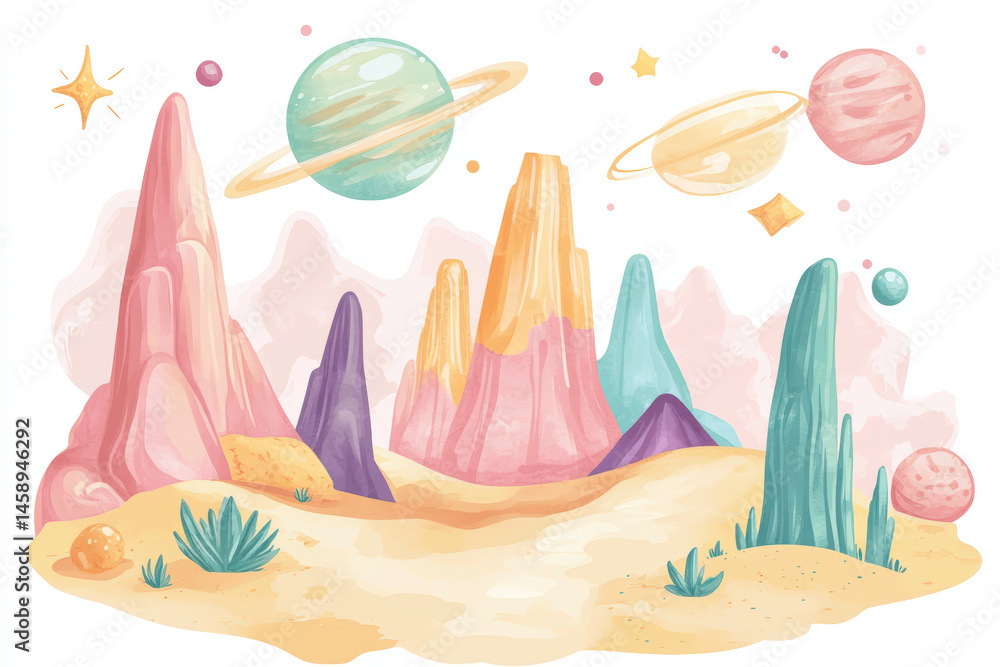 Naklejka premium Watercolor Fantasy Landscape Design. Imaginative watercolor landscape of fantastical world, ideal for t-shirt designs. It features colorful planets, stars, and stylized mountains in vibrant palette