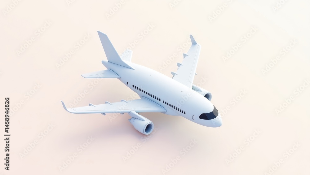 Fototapeta premium Travel Esim. Modern white passenger airplane flying in pastel sky, business travel concept, aviation industry, clean background, transportation, technology image for presentations or marketing design