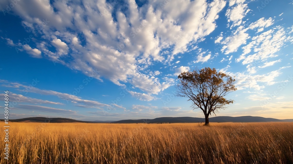 Fototapeta premium Solitary tree stands in a golden field under a vast, blue sky filled with fluffy white clouds, creating a serene and peaceful landscape. : Generative AI
