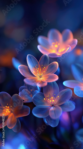 Glowing, ethereal blue and orange flowers bloom in a dark, mystical garden, illuminated by an unseen light source, creating a surreal and dreamlike atmosphere.