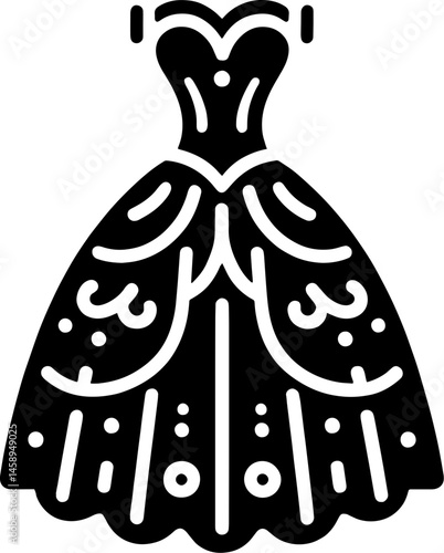 Isolated black and white vector graphic of a fancy dress with decorative accents and a full skirt