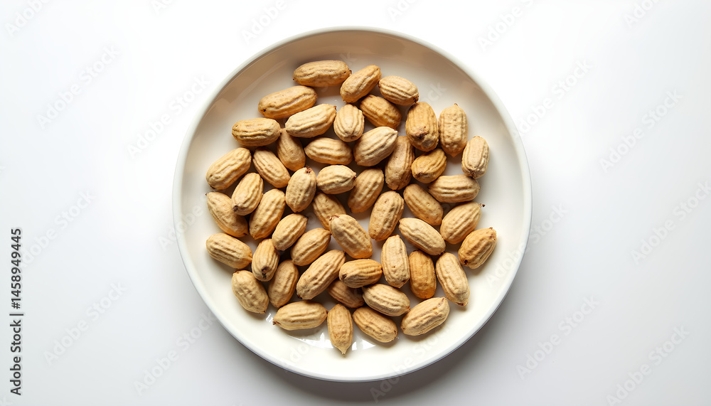 A white plate filled with peanuts on top of a white surface. A white plate filled with peanuts on top of a white surface.