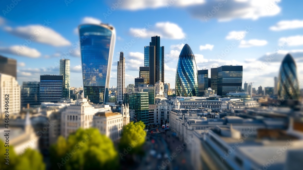 Obraz premium Stunning aerial view of London's modern cityscape, showcasing iconic skyscrapers like the Walkie-Talkie and the Gherkin, under a bright, partly cloudy sky. : Generative AI