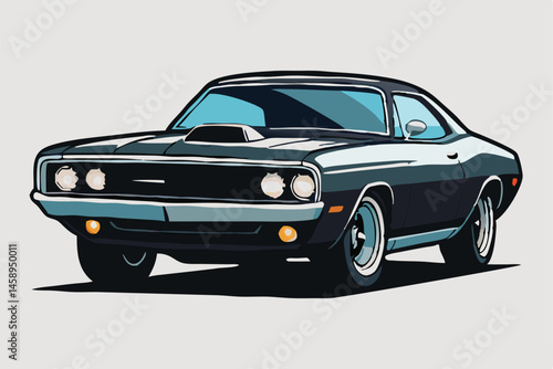 Classic black muscle car shows streamlined hood scoop and bright headlights on light background