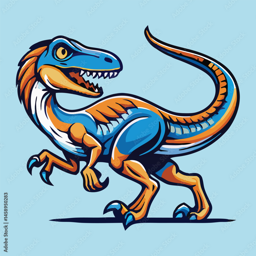 Fototapeta premium Striking blue and orange dinosaur walks forward, showcasing teeth and a playful pose on lightblue