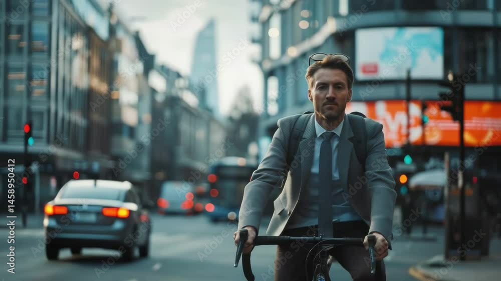 Businessman rides bicycle in city promoting sustainability and business with urban transportation and suit during morning and evening commute Businessman rides bicycle in city promoting sustainability and business with urban transportation and suit during morning and evening commute