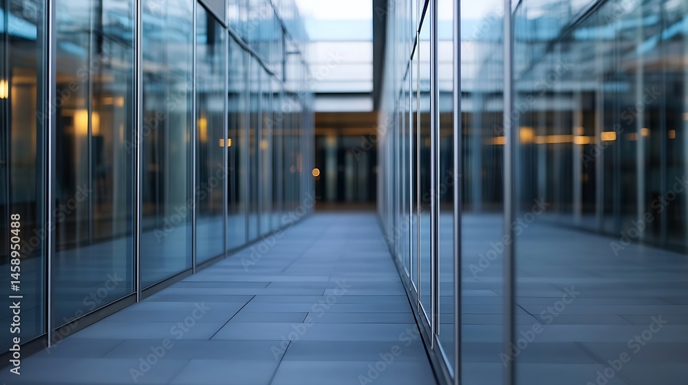 Modern glass building hallway with a perspective view of a tiled floor and reflecting windows, showcasing contemporary architecture and design. : Generative AI Modern glass building hallway with a perspective view of a tiled floor and reflecting windows, showcasing contemporary architecture and design. : Generative AI
