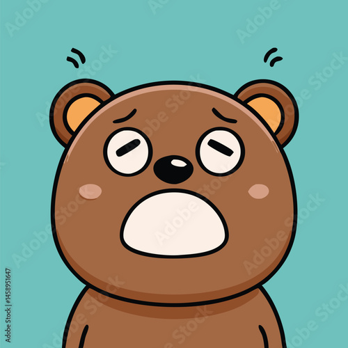 Cartoon brown bear expresses being overwhelmed with open mouth and drooping eyes against teal