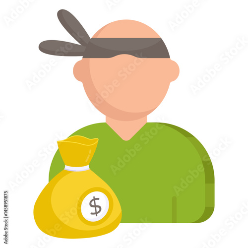 Blindfolded Figure with Money Bag Mystery, Risk, and Financial Uncertainty Illustration