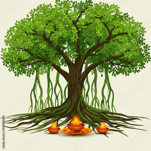 Lush Banyan Tree with Burni...