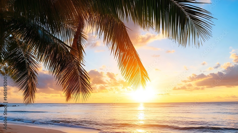Fototapeta premium Serene sunset over a tropical beach, viewed through lush palm fronds, creating a picturesque and idyllic scene of golden light and tranquil waves. : Generative AI
