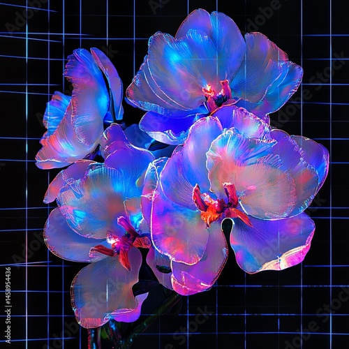 Glow Petals: A mesmerizing close-up of glowing orchid petals, bathed in a vibrant array of colors, showcasing intricate detail and delicate beauty.