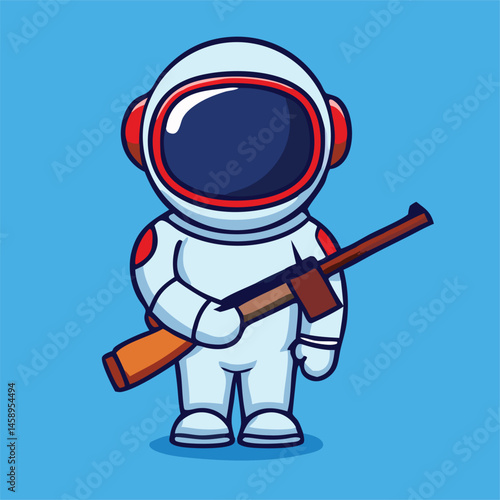 The astronaut stands firmly, embracing a wooden rifle, displaying a whimsical take on space exploration
