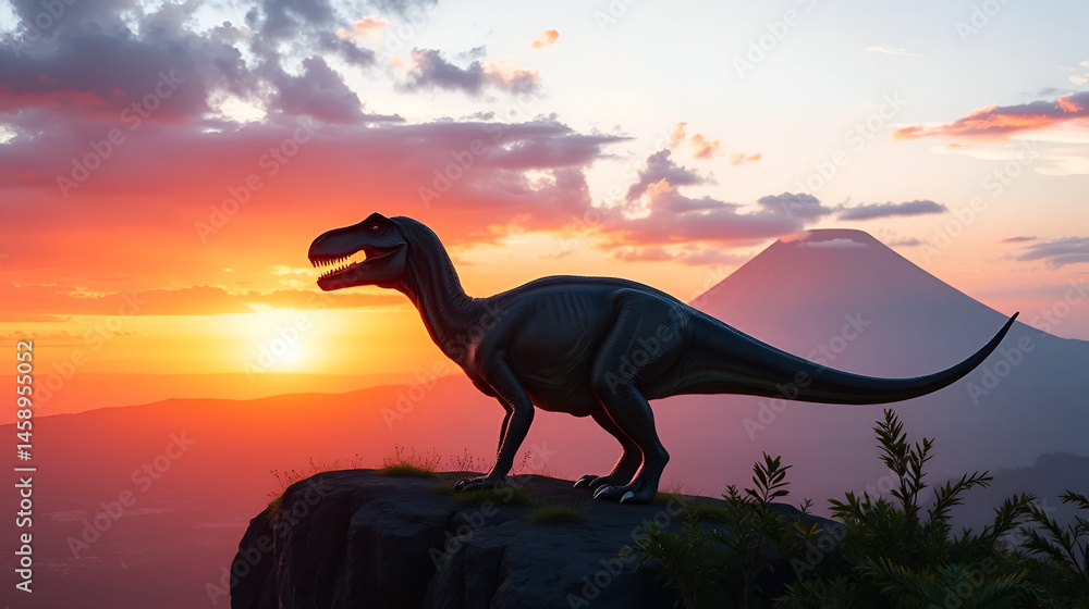Obraz premium Dinosaur Standing on a Cliff at Sunset with Volcano in Background.
