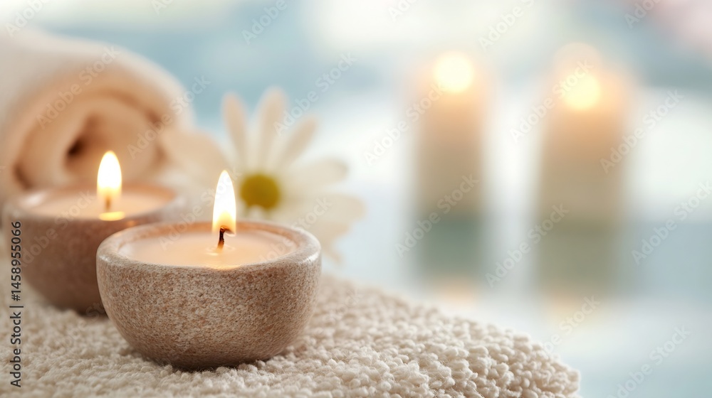 Two lit candles in beige holders rest on a fluffy white towel, with a blurred background of more candles and a daisy. : Generative AI Two lit candles in beige holders rest on a fluffy white towel, with a blurred background of more candles and a daisy. : Generative AI