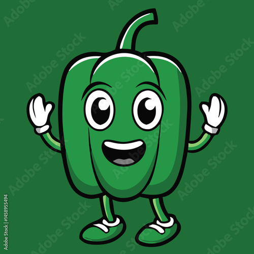 Cartoon green pepper character cheerfully waves hello against a solid dark green background with its cute facial expression