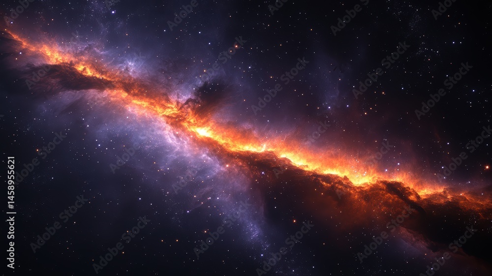 Fototapeta premium Fiery Galaxy Ribbon: Cosmic Dust and Nebula Art nebula galaxy cosmic dust space cosmos universe fire