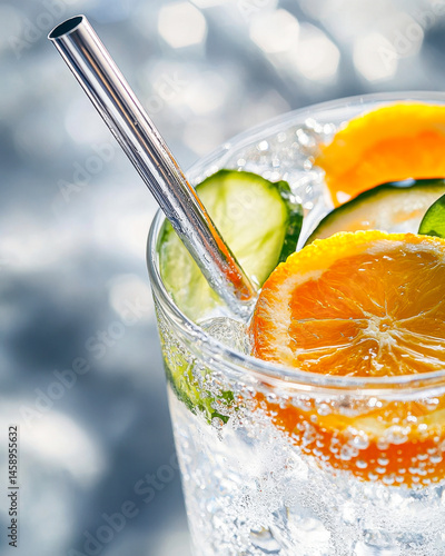Refreshing gin tonic garnished with vibrant fruits in a clear glass during a summer afternoon