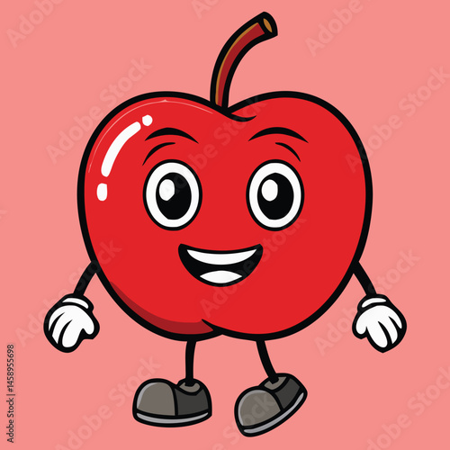 An animated cheerful red apple character stands happily on a solid pink background