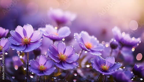 a delicate background featuring purple flowers adorned with dew drops