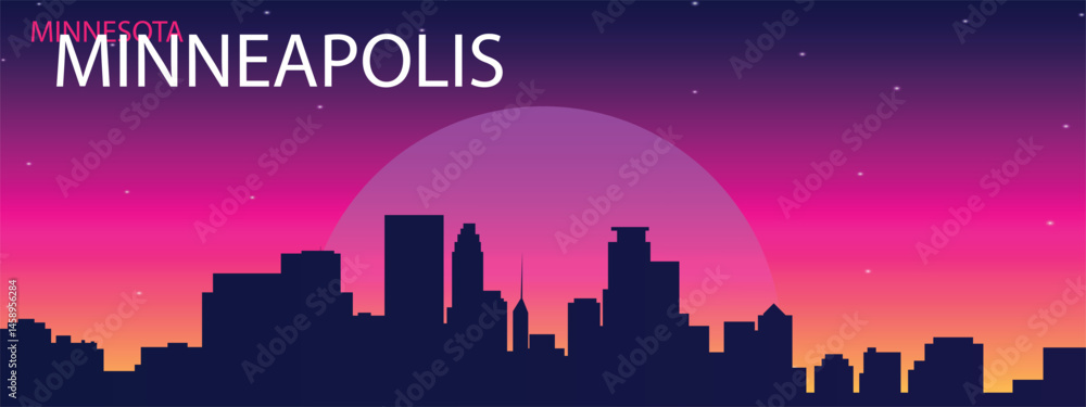 Naklejka premium Stylized silhouette of the city of Minneapolis, Minnesota, against the evening sky with a gradient from pink to purple with a large sun or moon in the center