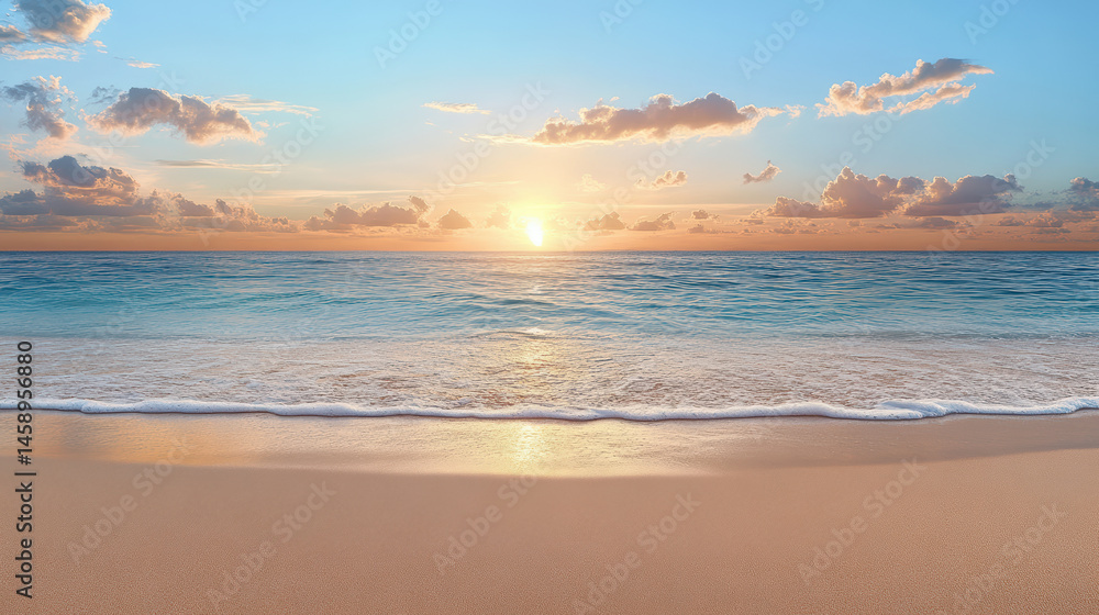Obraz premium Sunset over calm ocean waves, soft sand beach, and vibrant sky create serene atmosphere