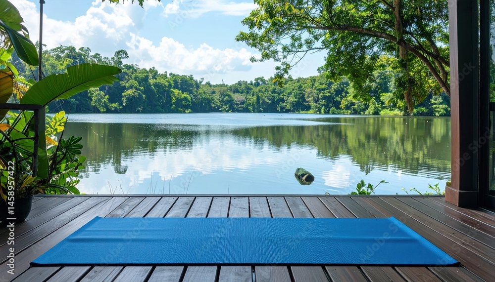 Obraz premium Serene Lakeside Yoga Blue Mat on Wooden Deck Overlooking Tranquil Water and Lush Greenery