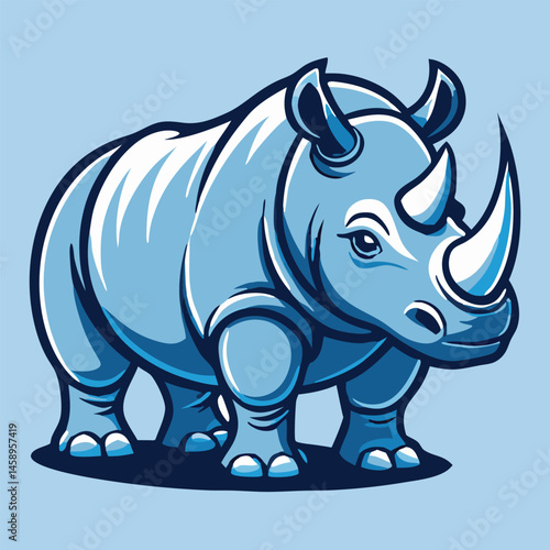 Blue stylized rhinoceros stands firmly showing off its mighty horn and thick skin