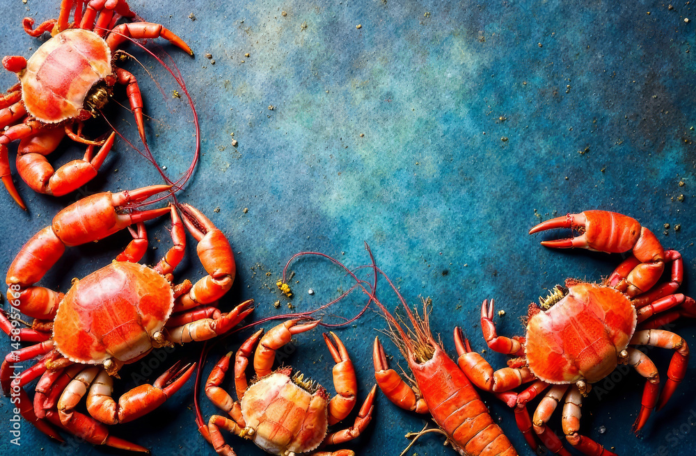 A colorful canvas backdrop showcasing an artistic seafood display with crabs and shrimp. copy space, blue background
