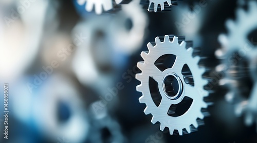 Close-up view of metallic gears in motion, showcasing intricate details and a sense of industrial precision.  The image evokes themes of engineering, mechanics, and complex systems. : Generative AI