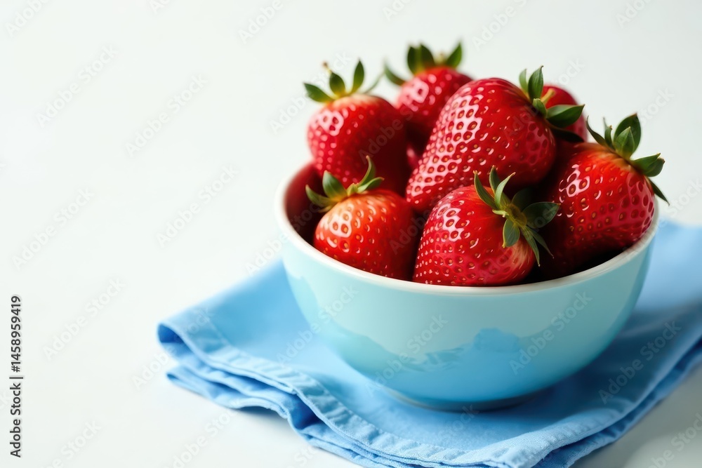 Fresh strawberries in a bowl, blue napkin, white background, closeup, fresh Fresh strawberries in a bowl, blue napkin, white background, closeup, fresh