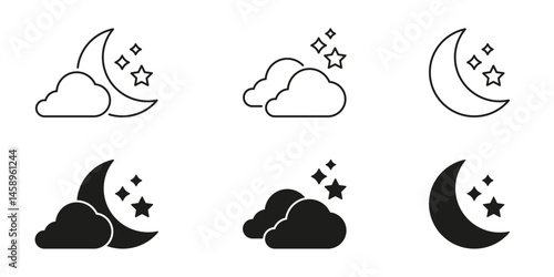 Moon, Clouds, And Stars Line And Solid Icon Set. Nighttime Weather, Sleep, And Dream Symbol Collection. Celestial And Atmospheric Elements. Isolated Vector Illustration