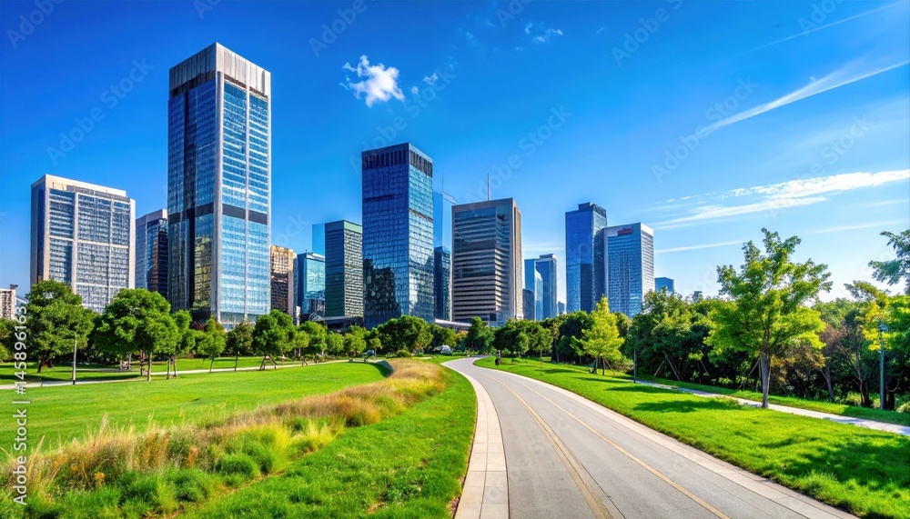 Obraz premium Modern City Skyline Park Green Space Scenic Walking Path Urban Nature