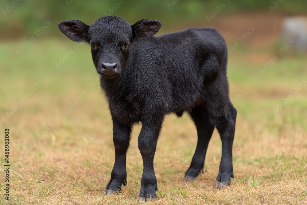 Fototapeta premium Black Calf Standing in Grass
