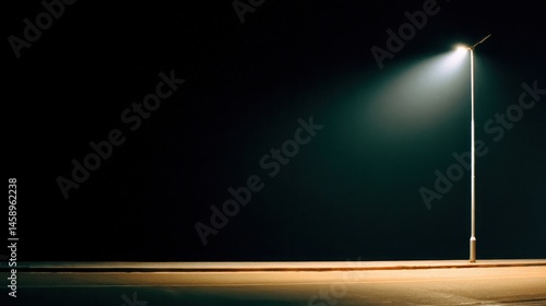 Streetlight illuminating an empty road at night with a dark background and minimal shadows