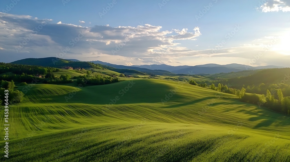 Rolling green hills and vibrant farmland under a partly cloudy sunset sky, showcasing the beauty of a rural landscape. : Generative AI Rolling green hills and vibrant farmland under a partly cloudy sunset sky, showcasing the beauty of a rural landscape. : Generative AI