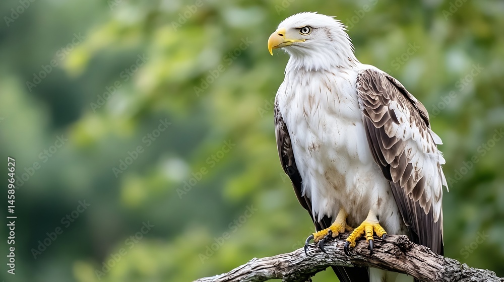 Majestic bald eagle perched on a weathered branch, its sharp gaze directed to the side, against a softly blurred green forest background. The eagle's plumage displays a mix of white an : Generative AI Majestic bald eagle perched on a weathered branch, its sharp gaze directed to the side, against a softly blurred green forest background. The eagle's plumage displays a mix of white an : Generative AI