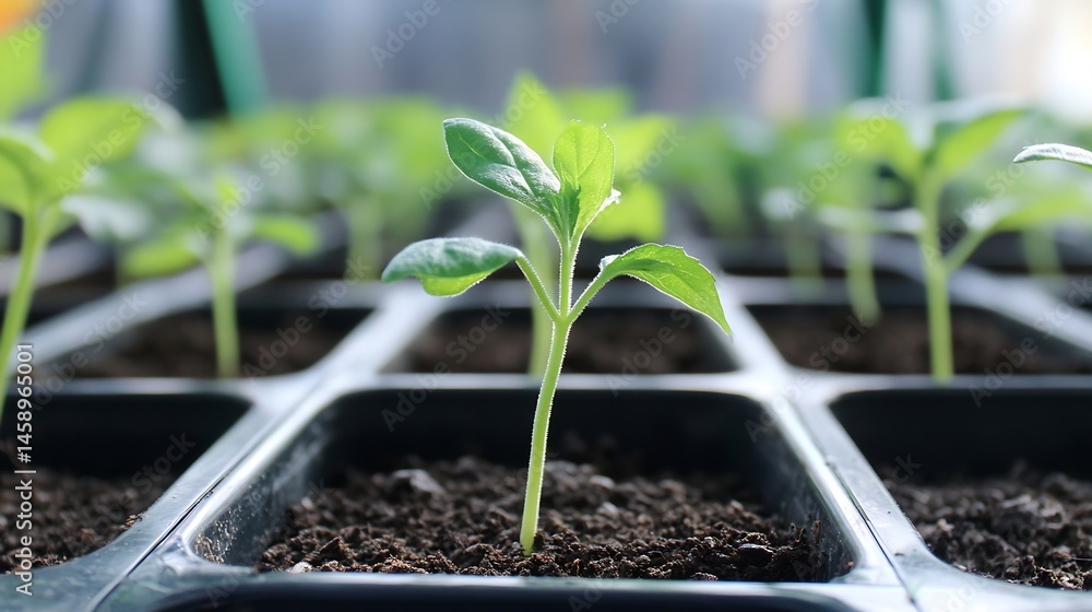 A single vibrant green seedling sprouts from rich dark soil in a plastic seed tray, surrounded by other young plants, showcasing early growth and new life. : Generative AI A single vibrant green seedling sprouts from rich dark soil in a plastic seed tray, surrounded by other young plants, showcasing early growth and new life. : Generative AI