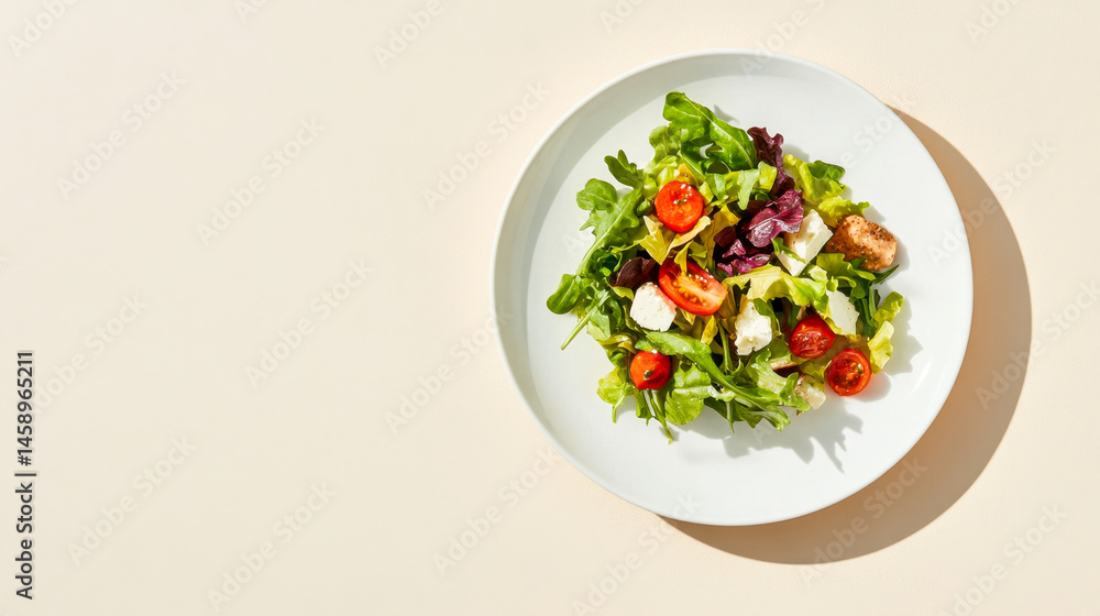Minimalist Greek salad arrangement on a white plate with neutral background Minimalist Greek salad arrangement on a white plate with neutral background