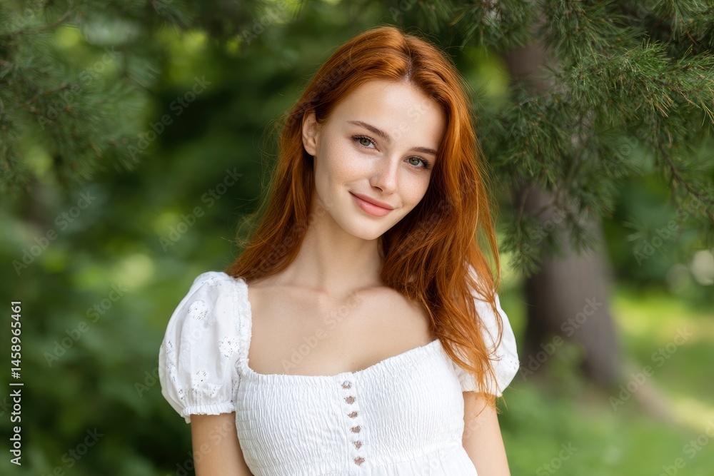 Redhead Woman Smiling in White Dress Redhead Woman Smiling in White Dress